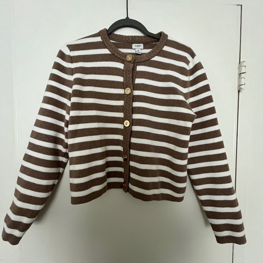 J. Crew Light Brown and White Striped Cotton Cardigan